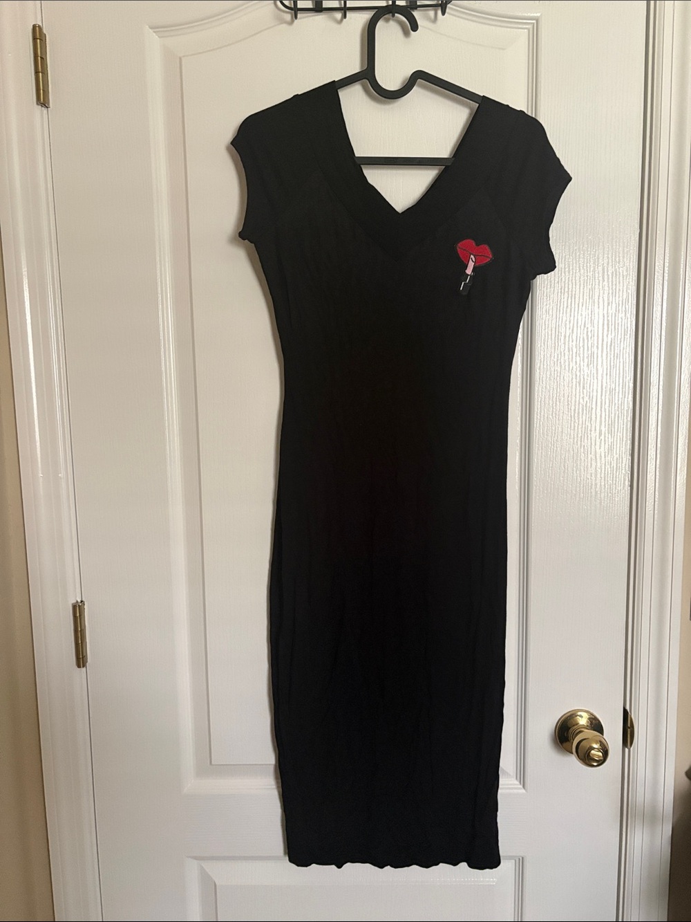 Charlotte Russe Black V-Neck Midi Dress with Red Lip Patch